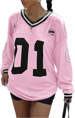 Women's Jersey Shirts Y2k Oversized T Shirt Number Letter Graphic Long Sleeve V Neck Sports Tee in Saudi Arabia