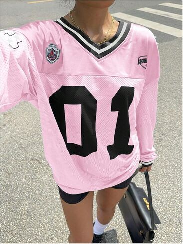 Women's Jersey Shirts Y2k Oversized T Shirt Number Letter Graphic Long Sleeve V Neck Sports Tee in Saudi Arabia