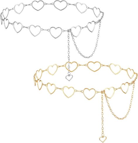 Waist Chain Belt for Women, 47 inches Adjustable Metal Body Belly Chain with Heart Design Rhinestone Gold Silver Chain Belts for Dresses, Jeans, Swimwear (Gold, Silver) in Saudi Arabia