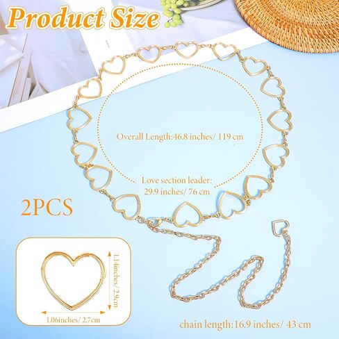 Waist Chain Belt for Women, 47 inches Adjustable Metal Body Belly Chain with Heart Design Rhinestone Gold Silver Chain Belts for Dresses, Jeans, Swimwear (Gold, Silver) in Saudi Arabia