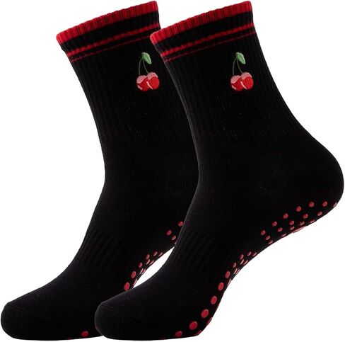 Women's Pilates Non-slip Yoga Socks Cherry, Lemon, bow，Fitness Ballet Sports Slipper Socks in Saudi Arabia