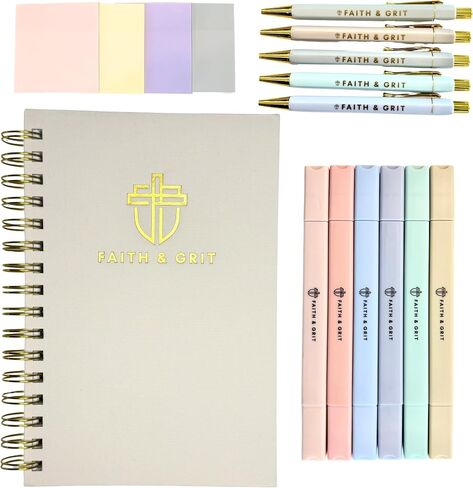 FAITH & GRIT - Boutique Bible Study Supplies or Bible Journal Kit with Tools for Note Taking That Include Bible highlighters, Luxury pens, Transparent Sticky Notes, and A5 Linen Linen Journal (Pink) in Saudi Arabia