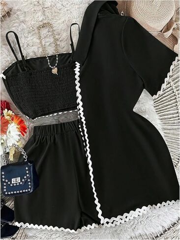 MakeMeChic Women's Beach Vacation Outfits Shirred Crop Top and Shorts Set with Shirt in Kuwait