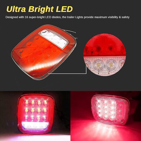 2 PCS 16 LED Universal Tail Lights, 12V Stop Tail Turn Signal Backup Reverse Brake Clearance Marker Lights for Trailer Truck RV Caravan Jeep Wrangler YJ TJ CJ, Red/White in Kuwait