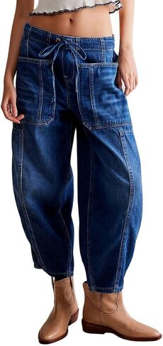 Women's Baggy Pull On Barrel Jeans Elastic Mid Rise Wide Leg Loose Cropped Denim Pants with Pockets in Saudi Arabia