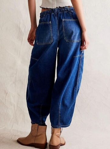 Women's Baggy Pull On Barrel Jeans Elastic Mid Rise Wide Leg Loose Cropped Denim Pants with Pockets in Saudi Arabia