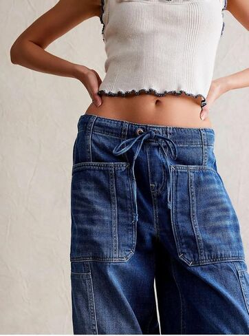 Women's Baggy Pull On Barrel Jeans Elastic Mid Rise Wide Leg Loose Cropped Denim Pants with Pockets in Saudi Arabia