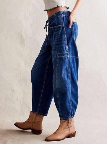 Women's Baggy Pull On Barrel Jeans Elastic Mid Rise Wide Leg Loose Cropped Denim Pants with Pockets in Saudi Arabia