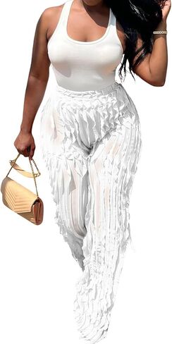 Women Sexy See Through Ruffle Wave Wide Leg Palazzo Pants Tassel Sheer Mesh High Waist Long Trousers Clubwear in Kuwait