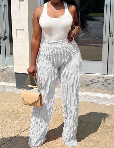 Women Sexy See Through Ruffle Wave Wide Leg Palazzo Pants Tassel Sheer Mesh High Waist Long Trousers Clubwear in Kuwait