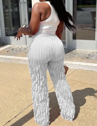 Women Sexy See Through Ruffle Wave Wide Leg Palazzo Pants Tassel Sheer Mesh High Waist Long Trousers Clubwear in Kuwait