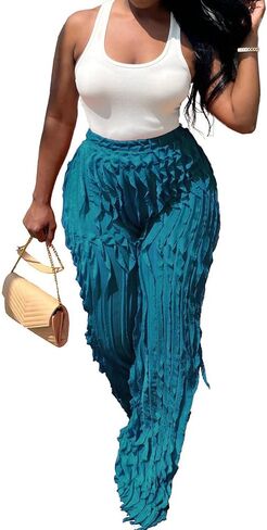 Women Sexy See Through Ruffle Wave Wide Leg Palazzo Pants Tassel Sheer Mesh High Waist Long Trousers Clubwear in Kuwait