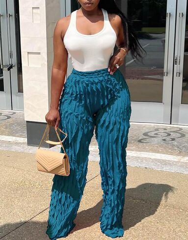 Women Sexy See Through Ruffle Wave Wide Leg Palazzo Pants Tassel Sheer Mesh High Waist Long Trousers Clubwear in Kuwait