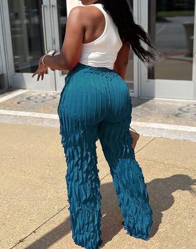Women Sexy See Through Ruffle Wave Wide Leg Palazzo Pants Tassel Sheer Mesh High Waist Long Trousers Clubwear in Kuwait