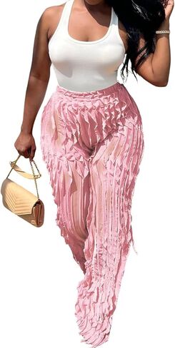 Women Sexy See Through Ruffle Wave Wide Leg Palazzo Pants Tassel Sheer Mesh High Waist Long Trousers Clubwear in Kuwait