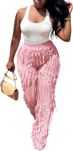 Women Sexy See Through Ruffle Wave Wide Leg Palazzo Pants Tassel Sheer Mesh High Waist Long Trousers Clubwear in Kuwait