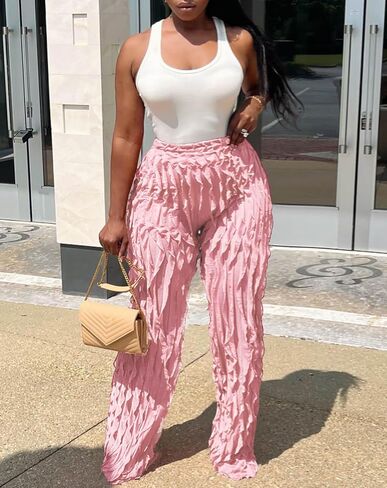 Women Sexy See Through Ruffle Wave Wide Leg Palazzo Pants Tassel Sheer Mesh High Waist Long Trousers Clubwear in Kuwait