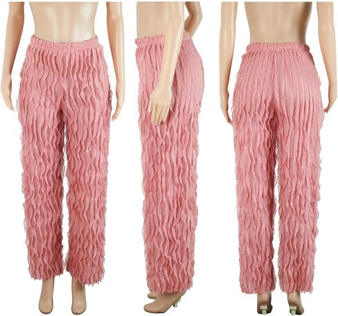 Women Sexy See Through Ruffle Wave Wide Leg Palazzo Pants Tassel Sheer Mesh High Waist Long Trousers Clubwear in Kuwait
