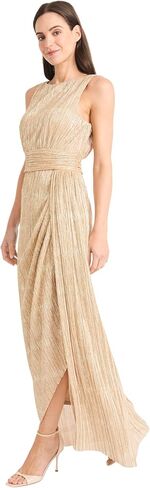 Maggy London Women's Textured Metallic Pleated Formal Maxi Dress with Wrapped Waistband and Side Slit-Sleeveless Evening Gown in Saudi Arabia