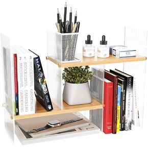 BYCY Double H Display Bookshelf Desktop Organizer Office Storage Rack Expandable Wood Display Shelf with Acrylic Side Board Free Style Display Storage Rack Adjustable Stackable for Home Office in Kuwait