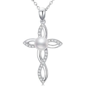 Cross Pearl Necklace Lucky Celtic Knot/Retro/Crown 925 Sterling Silver Freshwater Pearl White Gold with Moissanite Christmas Mothers Day for Mom Wife in Saudi Arabia