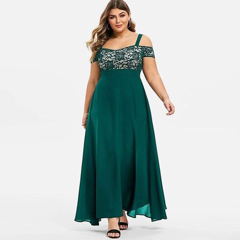 Womens Plus Size Cocktail Dresses Cold Shoulder Wedding Guest Dress Lace Chiffon Maxi Dress Summer Party Dresses in Kuwait