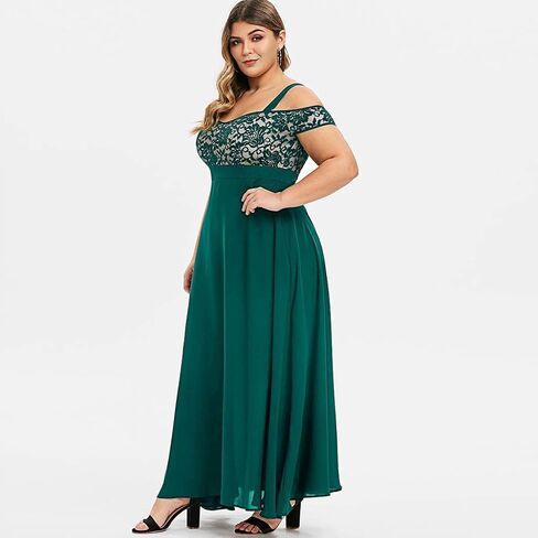 Womens Plus Size Cocktail Dresses Cold Shoulder Wedding Guest Dress Lace Chiffon Maxi Dress Summer Party Dresses in Kuwait