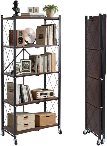 BAOYOUNI 5-Tier Vintage Industrial Bookshelf - No Assembly Folding Storage Shelf with Woodgrain Finish | Collapsible Metal Bookcase for Living Room, Office & Bedroom in Kuwait