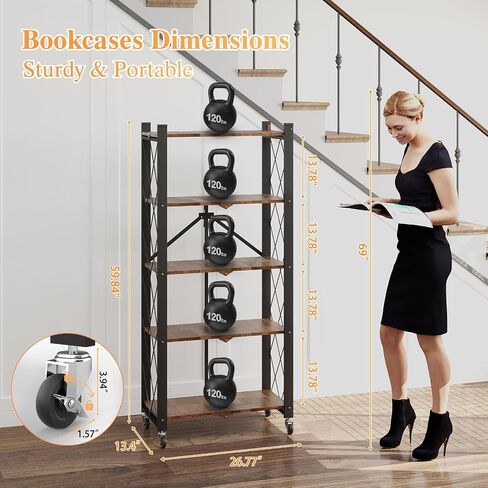 BAOYOUNI 5-Tier Vintage Industrial Bookshelf - No Assembly Folding Storage Shelf with Woodgrain Finish | Collapsible Metal Bookcase for Living Room, Office & Bedroom in Kuwait