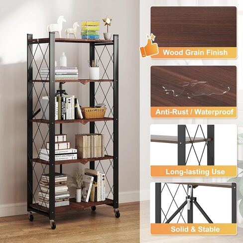 BAOYOUNI 5-Tier Vintage Industrial Bookshelf - No Assembly Folding Storage Shelf with Woodgrain Finish | Collapsible Metal Bookcase for Living Room, Office & Bedroom in Kuwait