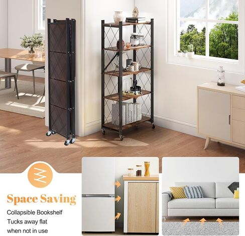 BAOYOUNI 5-Tier Vintage Industrial Bookshelf - No Assembly Folding Storage Shelf with Woodgrain Finish | Collapsible Metal Bookcase for Living Room, Office & Bedroom in Kuwait