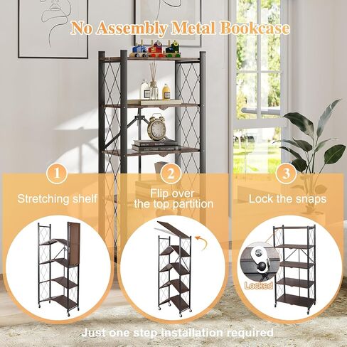 BAOYOUNI 5-Tier Vintage Industrial Bookshelf - No Assembly Folding Storage Shelf with Woodgrain Finish | Collapsible Metal Bookcase for Living Room, Office & Bedroom in Kuwait