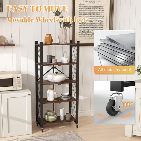 BAOYOUNI 5-Tier Vintage Industrial Bookshelf - No Assembly Folding Storage Shelf with Woodgrain Finish | Collapsible Metal Bookcase for Living Room, Office & Bedroom in Kuwait