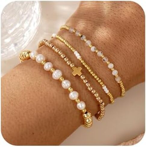 4pcs Gold Beaded Pearl Bracelets Set for Women Multi Layer Versatile Stackable Stretch Cuff Sparkly Stone Crystal Gemstone Jewelry Birthday Gifts in Kuwait