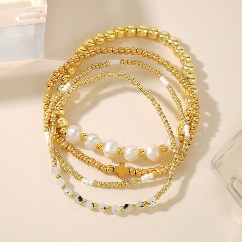 4pcs Gold Beaded Pearl Bracelets Set for Women Multi Layer Versatile Stackable Stretch Cuff Sparkly Stone Crystal Gemstone Jewelry Birthday Gifts in Kuwait