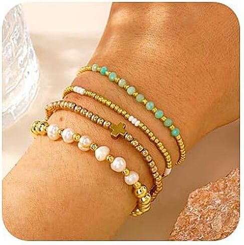 4pcs Gold Beaded Pearl Bracelets Set for Women Multi Layer Versatile Stackable Stretch Cuff Sparkly Stone Crystal Gemstone Jewelry Birthday Gifts in Kuwait