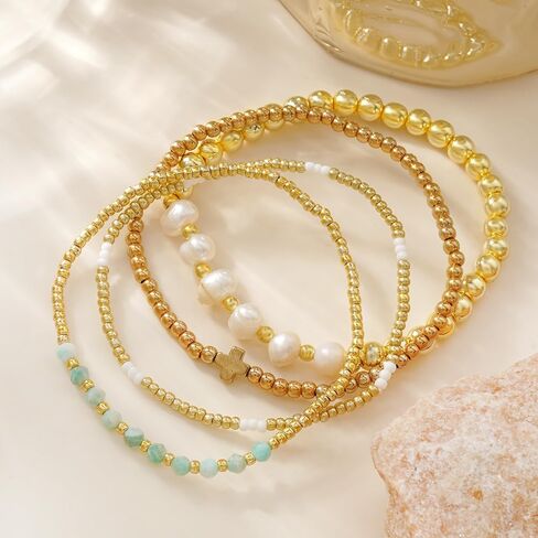 4pcs Gold Beaded Pearl Bracelets Set for Women Multi Layer Versatile Stackable Stretch Cuff Sparkly Stone Crystal Gemstone Jewelry Birthday Gifts in Kuwait