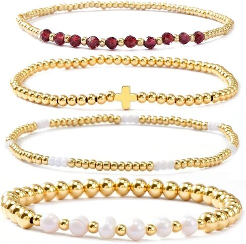 4pcs Gold Beaded Pearl Bracelets Set for Women Multi Layer Versatile Stackable Stretch Cuff Sparkly Stone Crystal Gemstone Jewelry Birthday Gifts in Kuwait