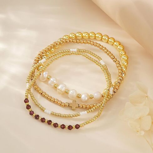 4pcs Gold Beaded Pearl Bracelets Set for Women Multi Layer Versatile Stackable Stretch Cuff Sparkly Stone Crystal Gemstone Jewelry Birthday Gifts in Kuwait