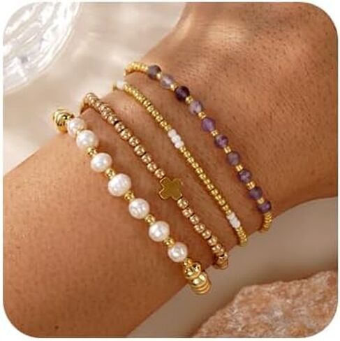 4pcs Gold Beaded Pearl Bracelets Set for Women Multi Layer Versatile Stackable Stretch Cuff Sparkly Stone Crystal Gemstone Jewelry Birthday Gifts in Kuwait