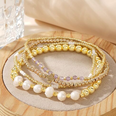 4pcs Gold Beaded Pearl Bracelets Set for Women Multi Layer Versatile Stackable Stretch Cuff Sparkly Stone Crystal Gemstone Jewelry Birthday Gifts in Kuwait