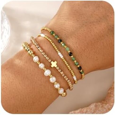 4pcs Gold Beaded Pearl Bracelets Set for Women Multi Layer Versatile Stackable Stretch Cuff Sparkly Stone Crystal Gemstone Jewelry Birthday Gifts in Kuwait