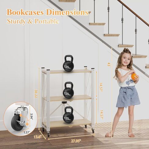 BAOYOUNI 5-Tier Vintage Industrial Bookshelf - No Assembly Folding Storage Shelf with Woodgrain Finish | Collapsible Metal Bookcase for Living Room, Office & Bedroom in Kuwait