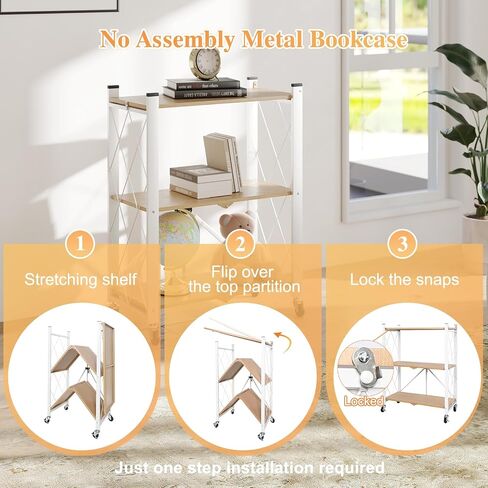 BAOYOUNI 5-Tier Vintage Industrial Bookshelf - No Assembly Folding Storage Shelf with Woodgrain Finish | Collapsible Metal Bookcase for Living Room, Office & Bedroom in Kuwait