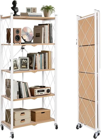BAOYOUNI 5-Tier Vintage Industrial Bookshelf - No Assembly Folding Storage Shelf with Woodgrain Finish | Collapsible Metal Bookcase for Living Room, Office & Bedroom in Kuwait