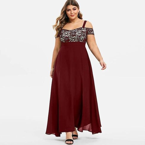 Womens Plus Size Cocktail Dresses Cold Shoulder Wedding Guest Dress Lace Chiffon Maxi Dress Summer Party Dresses in Kuwait