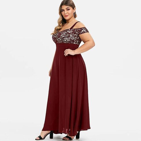 Womens Plus Size Cocktail Dresses Cold Shoulder Wedding Guest Dress Lace Chiffon Maxi Dress Summer Party Dresses in Kuwait