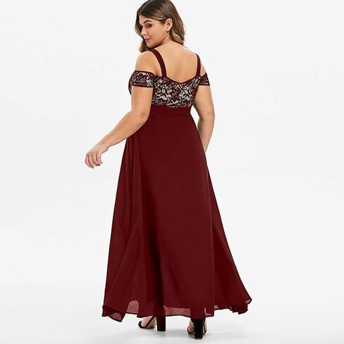 Womens Plus Size Cocktail Dresses Cold Shoulder Wedding Guest Dress Lace Chiffon Maxi Dress Summer Party Dresses in Kuwait