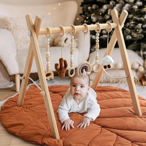 Razee Wooden Baby Play Gym Activity Mat, Leaf Shaped Play Mat Baby Gym with 6 Hanging Sensory Toys Foldable Baby Gym Newborn Infant Baby Use in Saudi Arabia