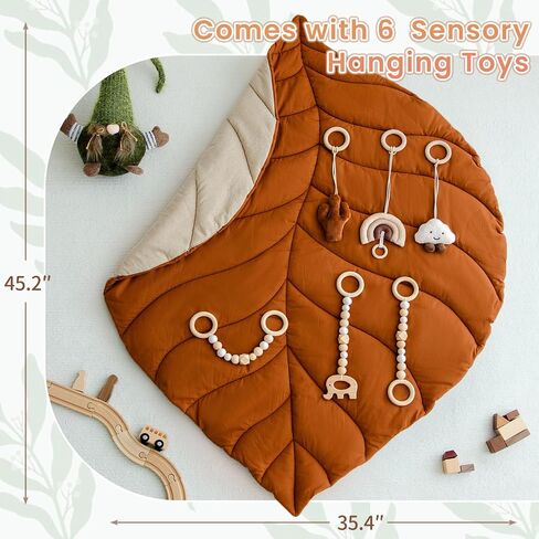 Razee Wooden Baby Play Gym Activity Mat, Leaf Shaped Play Mat Baby Gym with 6 Hanging Sensory Toys Foldable Baby Gym Newborn Infant Baby Use in Saudi Arabia